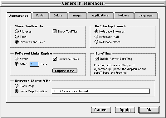 [Netscape General Preferences Screen Shot]