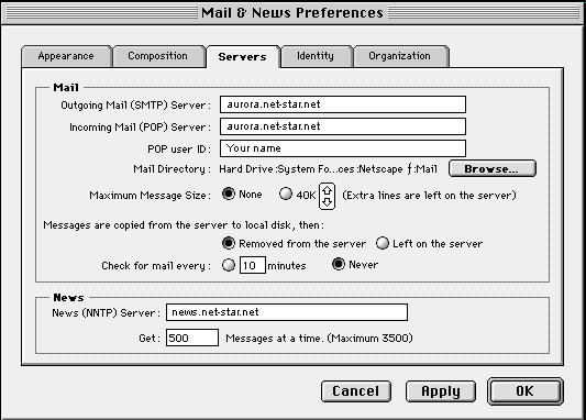 [Netscape Mail and News Preferences Screen Shot]
